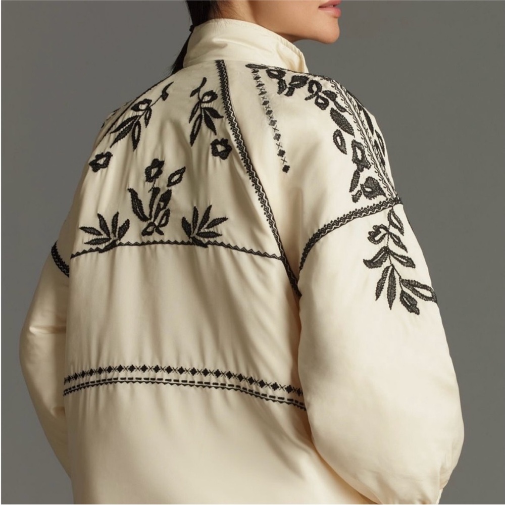 Anthropologie Embroidered Puffer Coat ivory and black jacket oversized XL - Picture 5 of 12